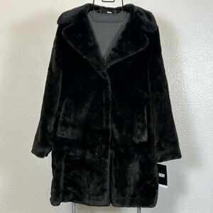 DKNY Women’s Black Front Button Down Faux Fur Jacket Coat Size XL